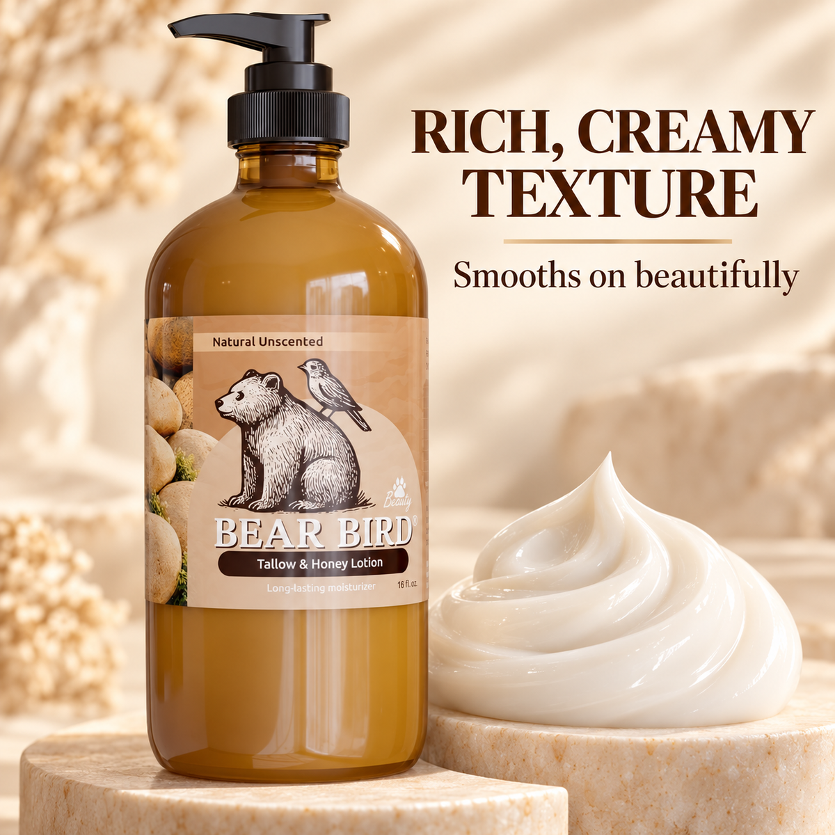 all natural tallow and honey lotion, olive oil glass amber bottle moisturizer, dry skin 