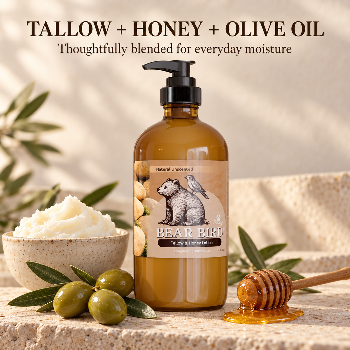 all natural tallow and honey lotion, olive oil glass amber bottle moisturizer, dry skin 