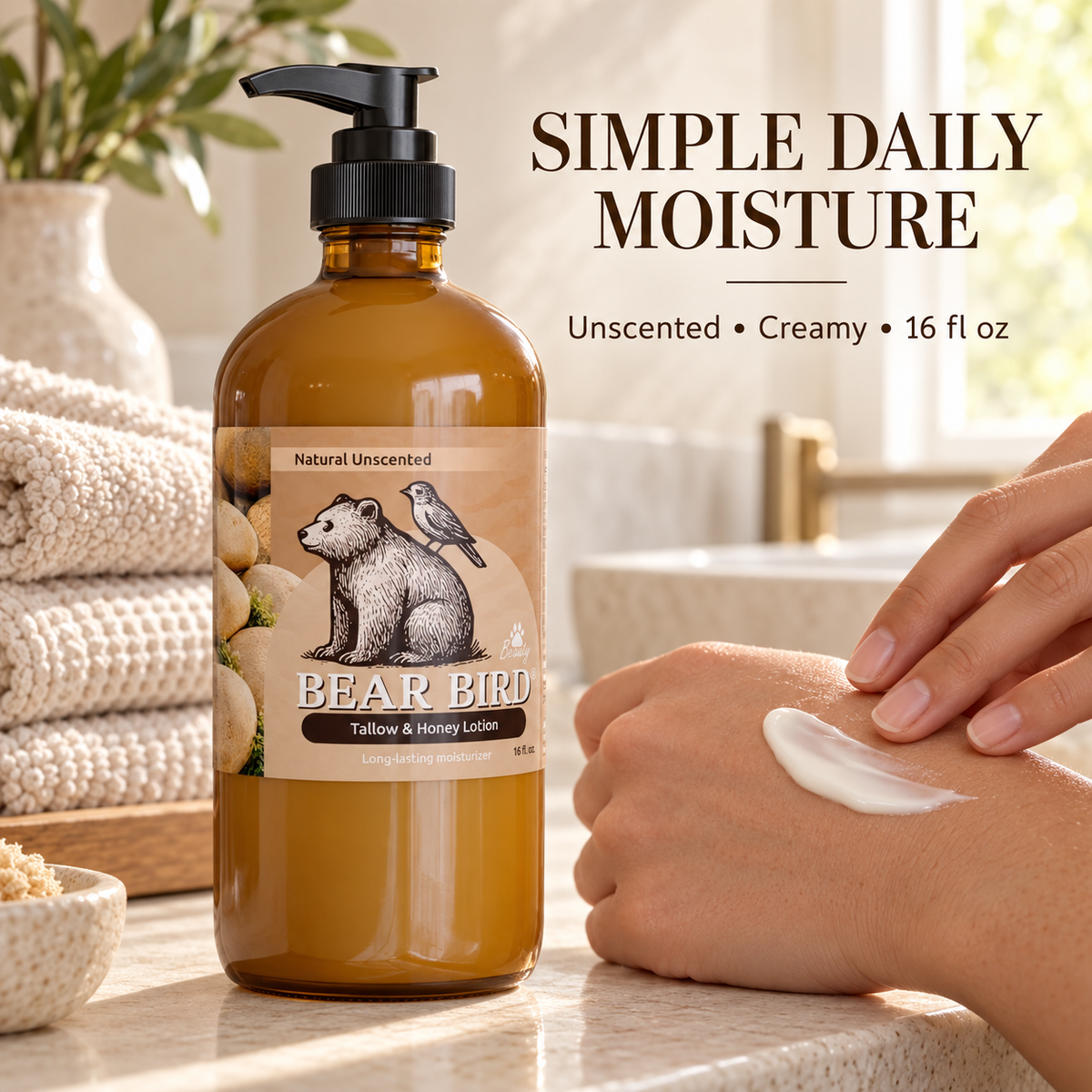 all natural tallow and honey lotion, olive oil glass amber bottle moisturizer, dry skin 