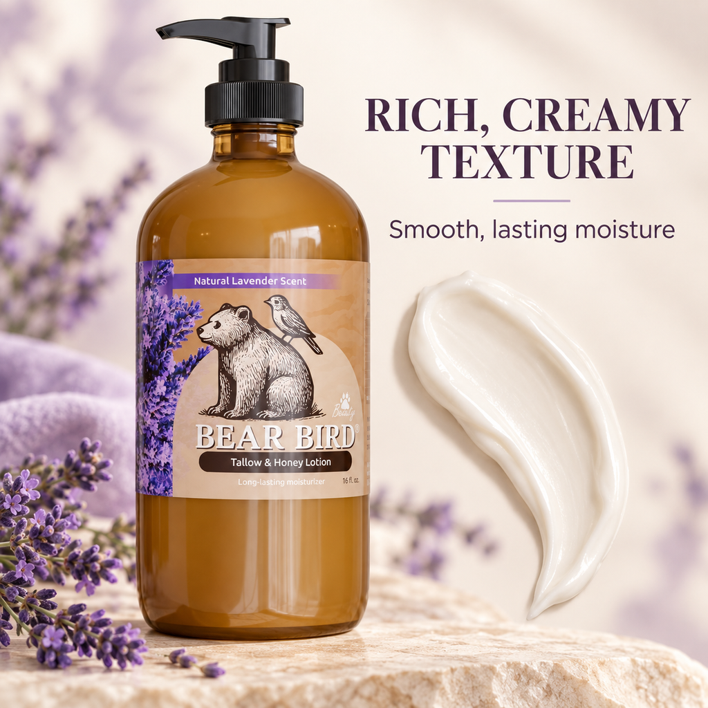 tallow lotion, cream, body, natural, organic, non-toxic grass-fed, olive oil, raw honey lavender essential oil