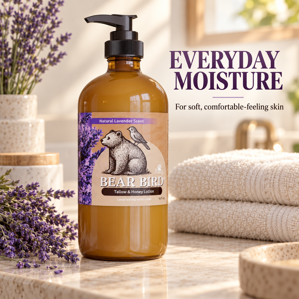 tallow lotion, cream, body, natural, organic, non-toxic grass-fed, olive oil, raw honey lavender essential oil